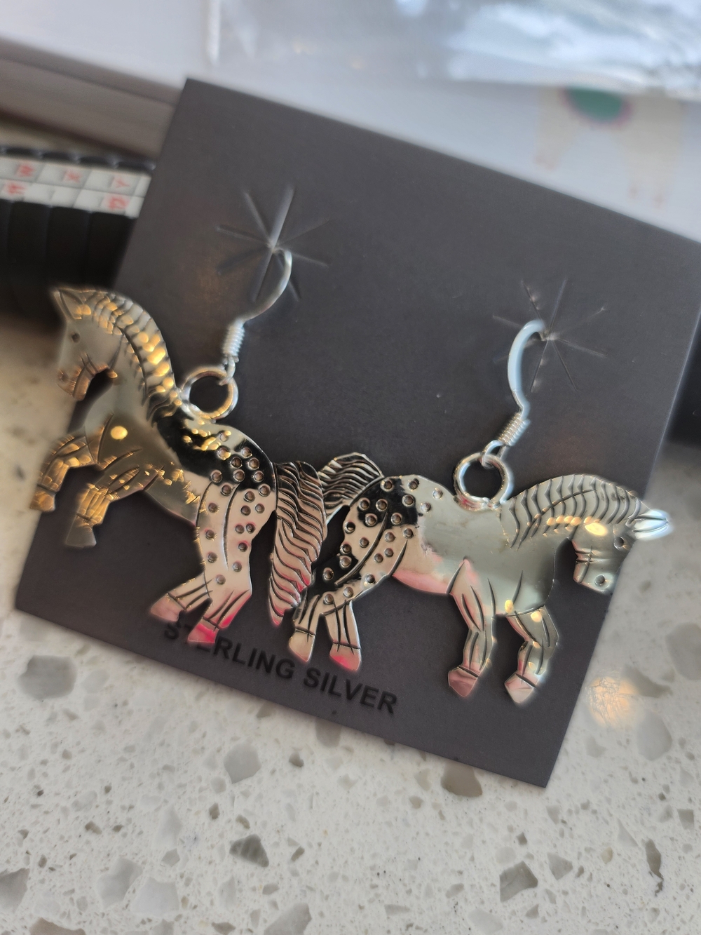 Native Handmade Signed Sterling Silver Horse Dangle Statement Earrings